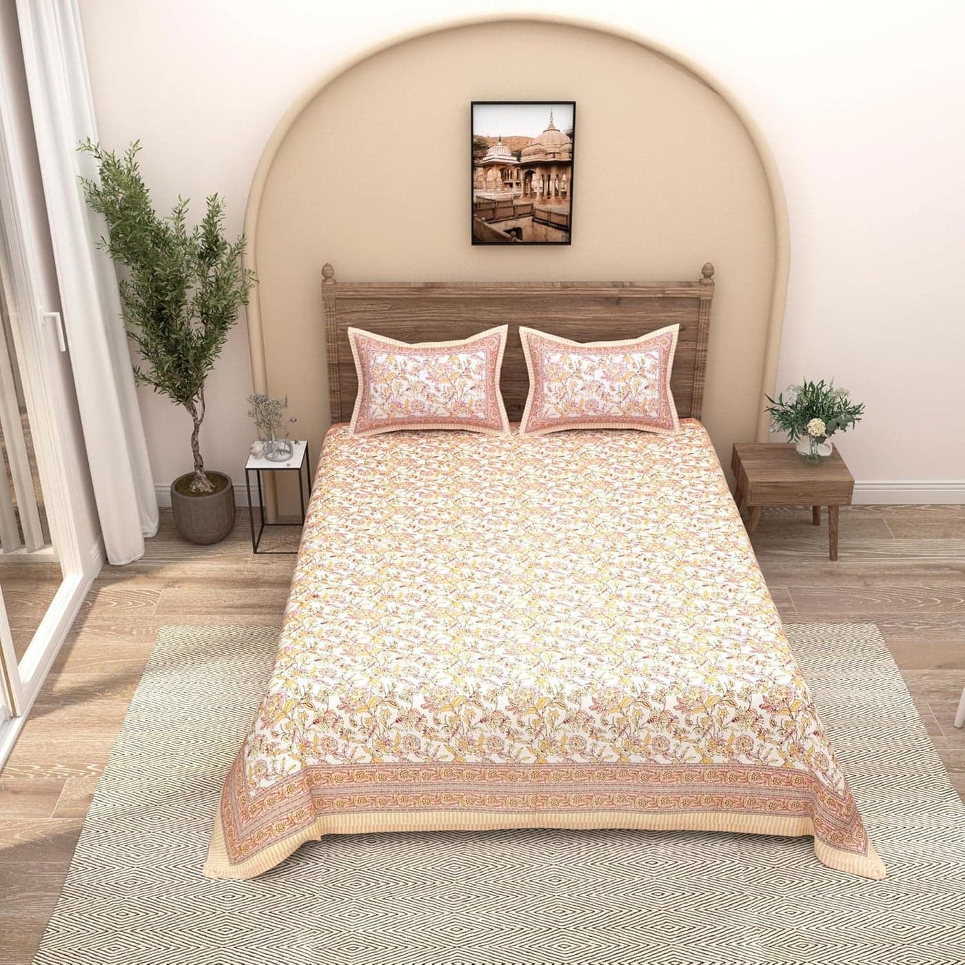 EasyGoods 240 TC Cotton Bedsheet for Double Bed Floral OrangeEthnic35 Bedsheet King Size Bed CottonKing Size BedsheetDouble Bedsheet with 2 Pillow Covers 90x108 InchHandcrafted Bed Sheets