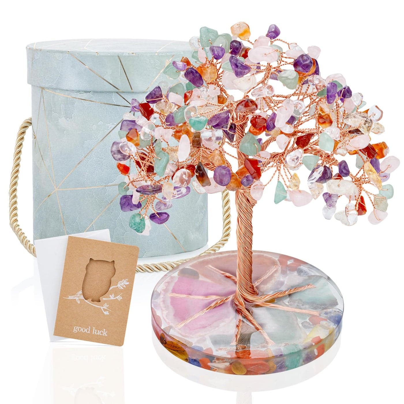 ZenBless 7 Chakra Healing Crystals Stones Tree Colorful Crystal Stone Leaf Wire Wrapped on Natural Agate Slice Base Home Office Desk Living Room Feng Shui Decoration for Wealth and Luck