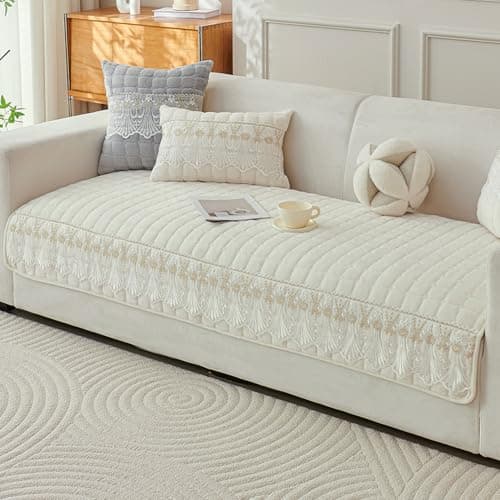 HOKIPO 'BelleLace Series' Imperial Milk Velvet Sofa Cover Mat with Lace Design| Make Your Own Sofa Cover Set, Mat Length 90(D) x 180(L) cm, Pearl White (AR-5967-WHT)