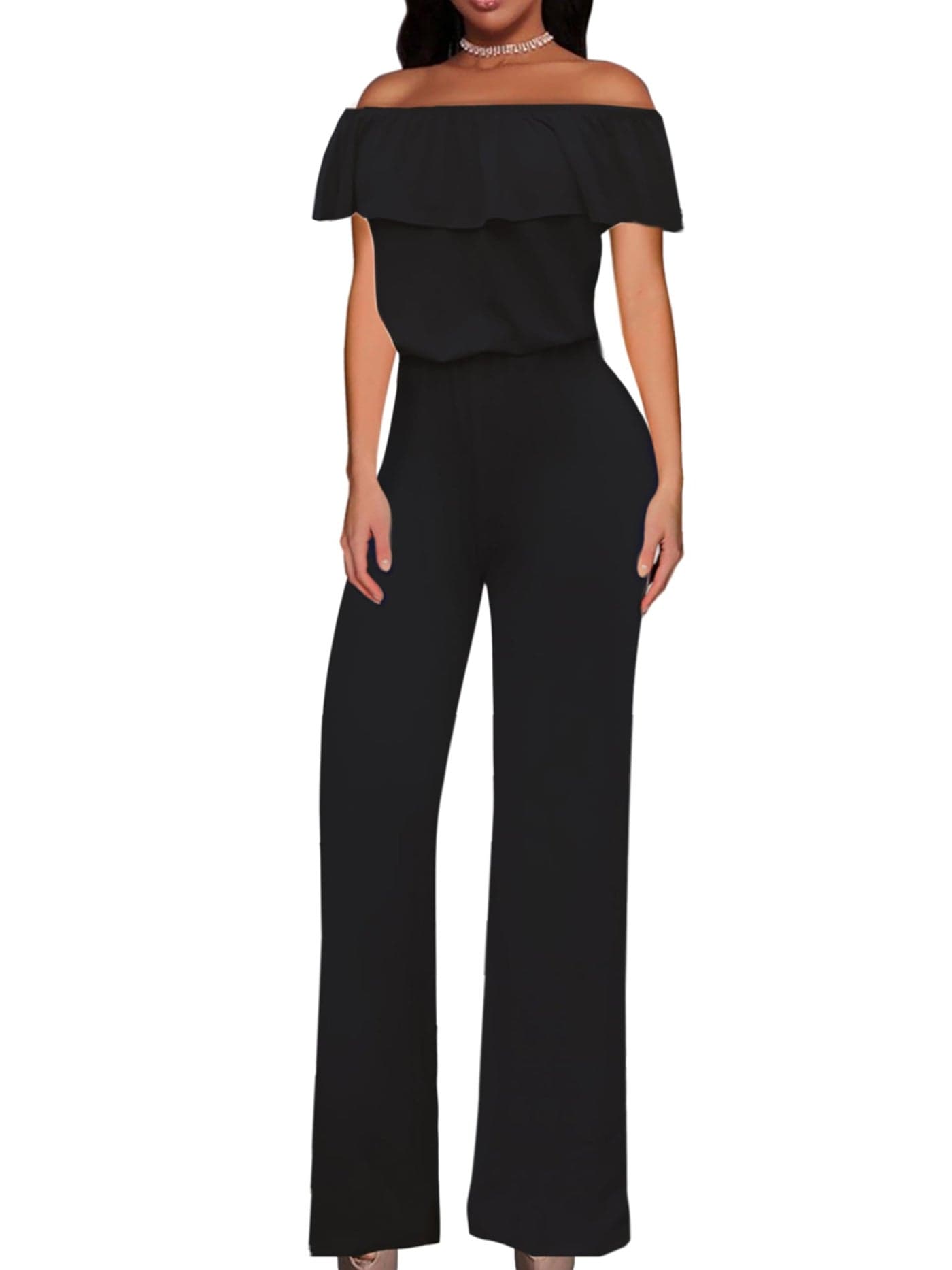 Hybrid & Company Women's Lightweight Off Shoulder Jumpsuit – Stretchy Wide Leg Romper – Casual to Formal One Piece Outfit KPVJ47696 BLACK XL