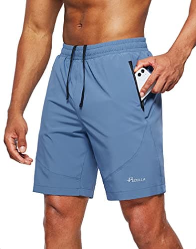 Pudolla Men's Workout Running Shorts Lightweight Gym Athletic Shorts for Men with Zipper Pockets (Blue Medium)
