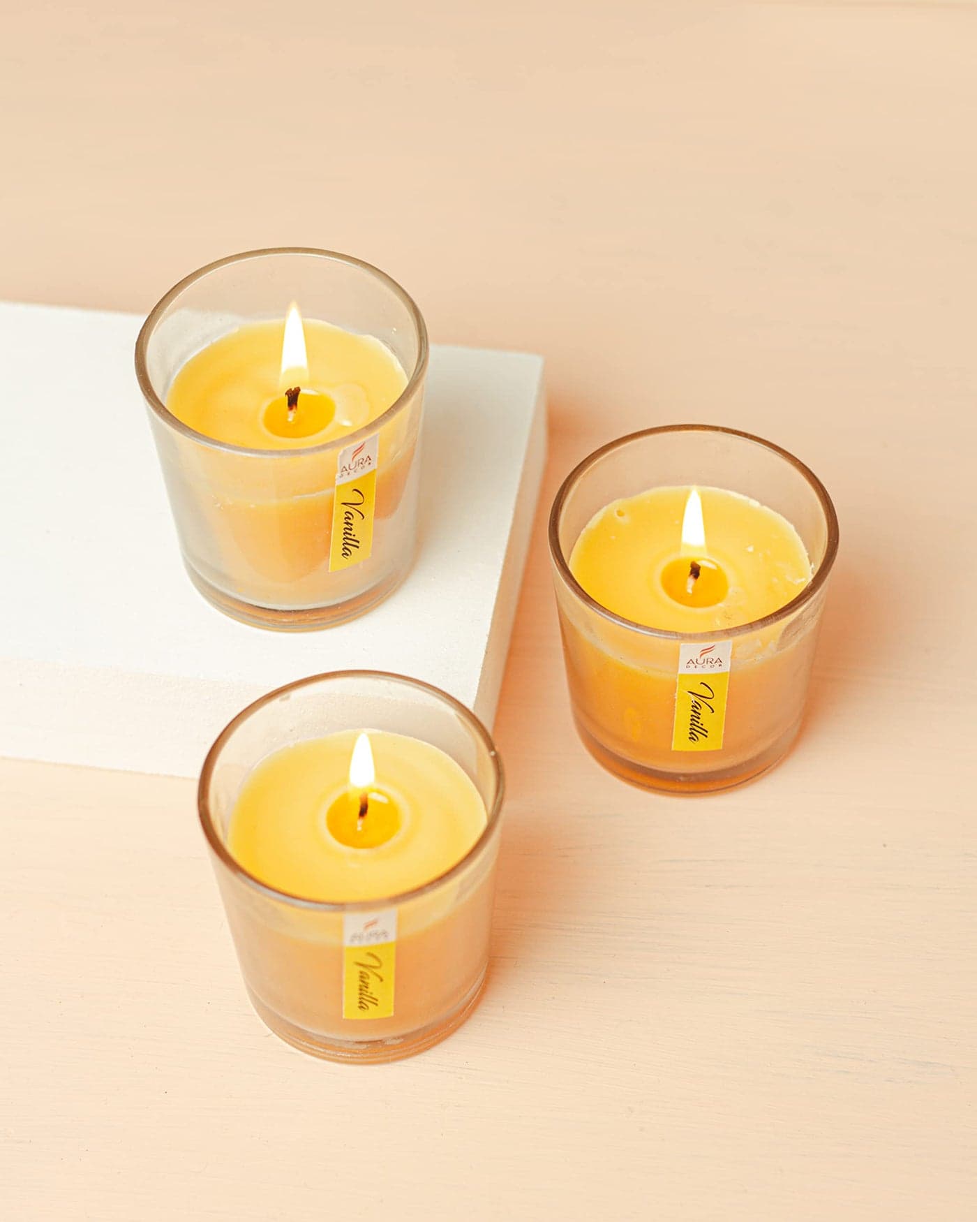 AuraDecor Gift Set of 3 Fragrance Votive Glass Candles (Burning Time 12 Hours Each) (Vanilla)