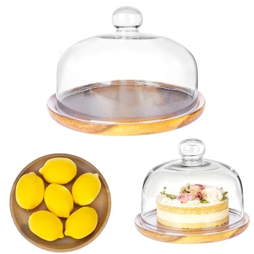 8 Inch Wooden Base Cake Display Stand with Glass Dome,Cloche Clear Glass Bell Jar Cover for Dessert Cheese Candy Plants Succulents(for Sizes up to 6.5 ")