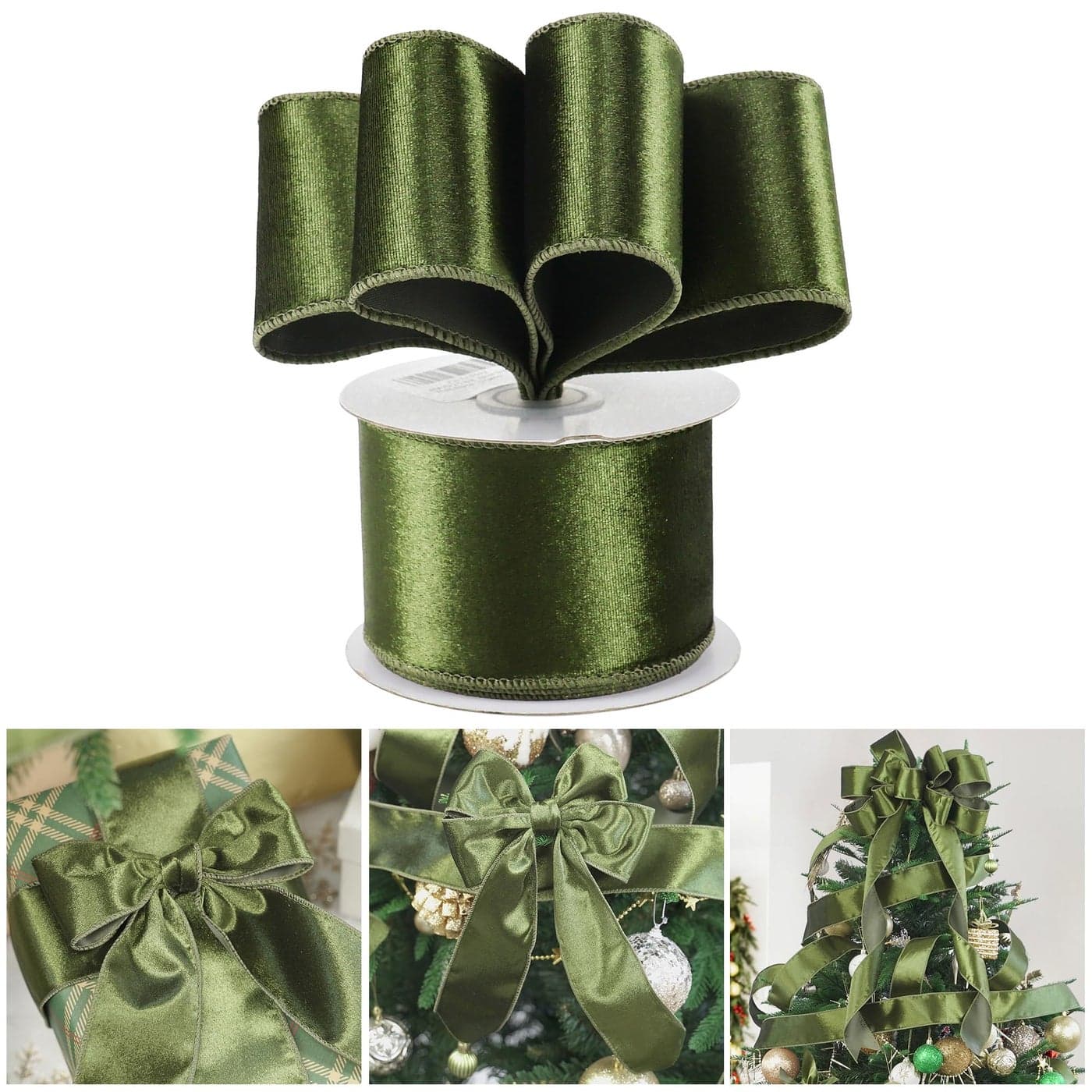 AIMUDI Olive Green Velvet Wired Ribbon 25 Inch Green Christmas Ribbon Wired Dark Moss Green Ribbon for Christmas Tree Wreaths Swags Gift Wrapping Garland Holiday Crafts Topper Bows 10 Yards
