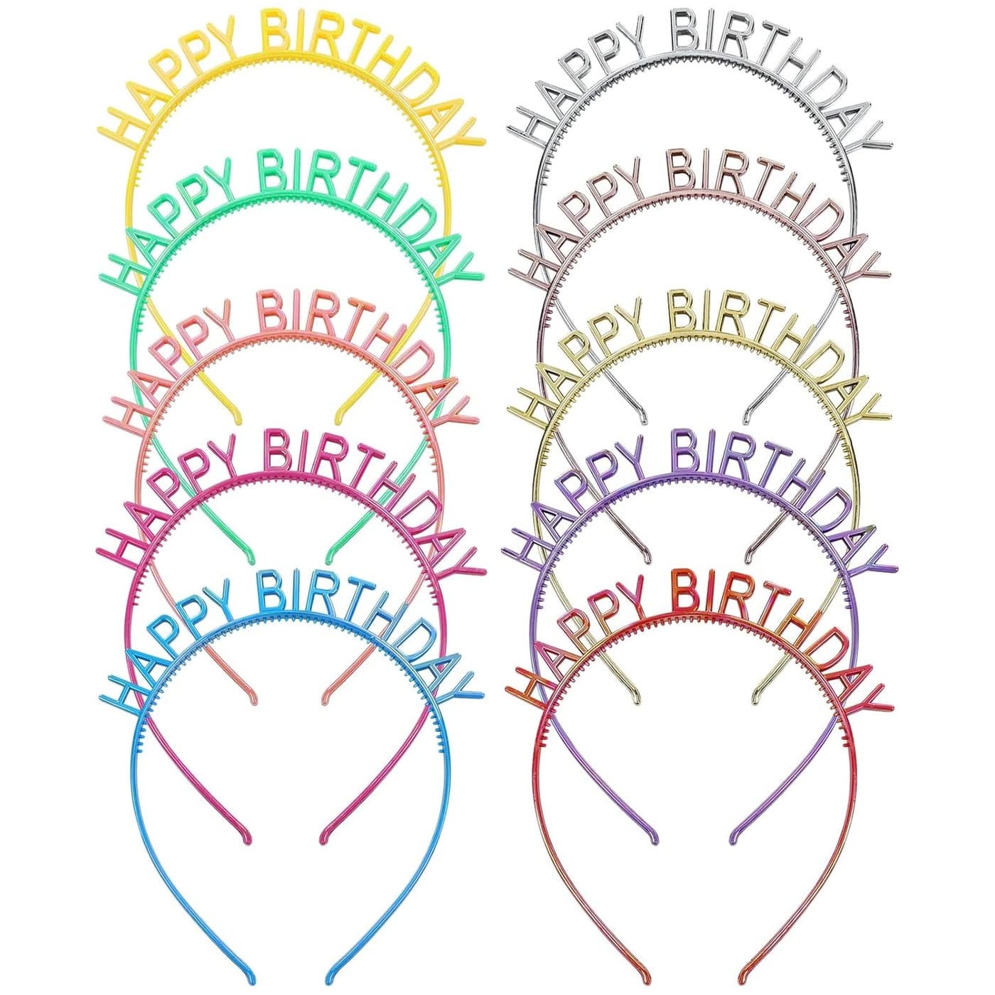 Lawie 10 Pack Bulk Gold Silver Candy Rainbow Colorful Happy Birthday Headbands Thin Plain Plastic Headbands Skinny Hair Bands Clasps Tiara Crown Hair Holder DIY Party Accessories for Kids Girl Women
