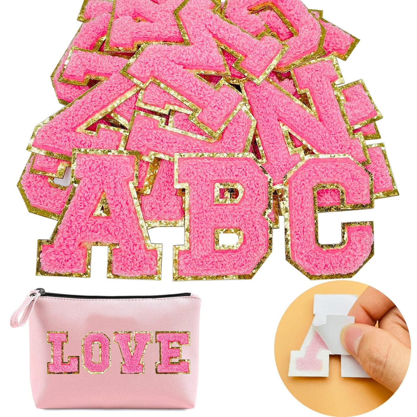 Jongdari Chenille Letter Patches SelfAdhesive IronOn Letters 52pcs Varsity Fuzzy Patch Glitter Alphabet 26pcs Pink