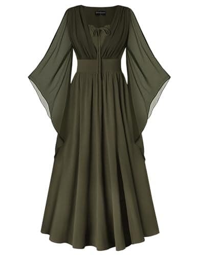 Renaissance Dress Women Bell Sleeve Fairy Dresses Witch Costume Split Maxi Dress with Pockets Olive Green XL