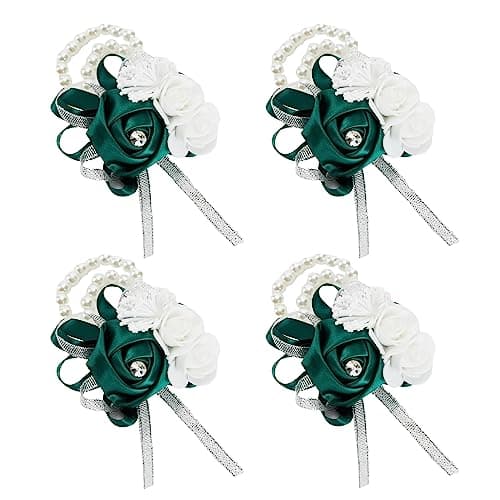 Meldel Wrist Corsages for Wedding, 4PCS Green Rose Wrist Corsage Bridal Bridesmaid, Artificial Corsage for Wedding Mother of Bride and Groom