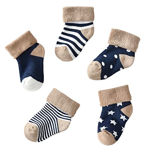 MumsLap Baby Socks for Boys and Girls | Cotton Blend Ankle Length Winter Socks for Newborns Infants Toddlers | Soft Breathable Terry Socks with Sweat Absorption, 5 Pairs (Dark Blue, 12 to 24 Months)
