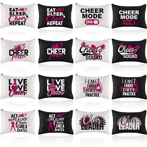Flutesan 18 Pieces Cosmetic Cheer Bag Cheerleader Gifts Canvas Cheer Makeup Case Portable Travel Cheerleading Bag Toiletry Zipper Pouch for Teen Girls Women Teammates 2 Colors