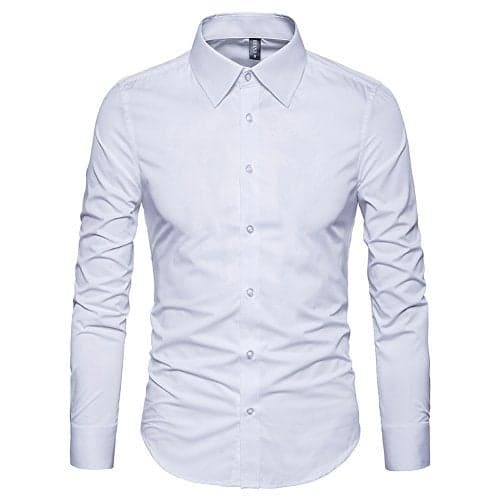 Manwan walk Men's Slim Fit Business Casual Cotton Long Sleeves Solid Button Down Dress Shirts (Large, White)