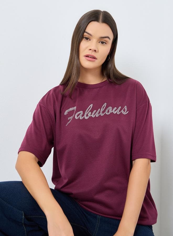 Styli Burgundy Oversized Embellished T-Shirt