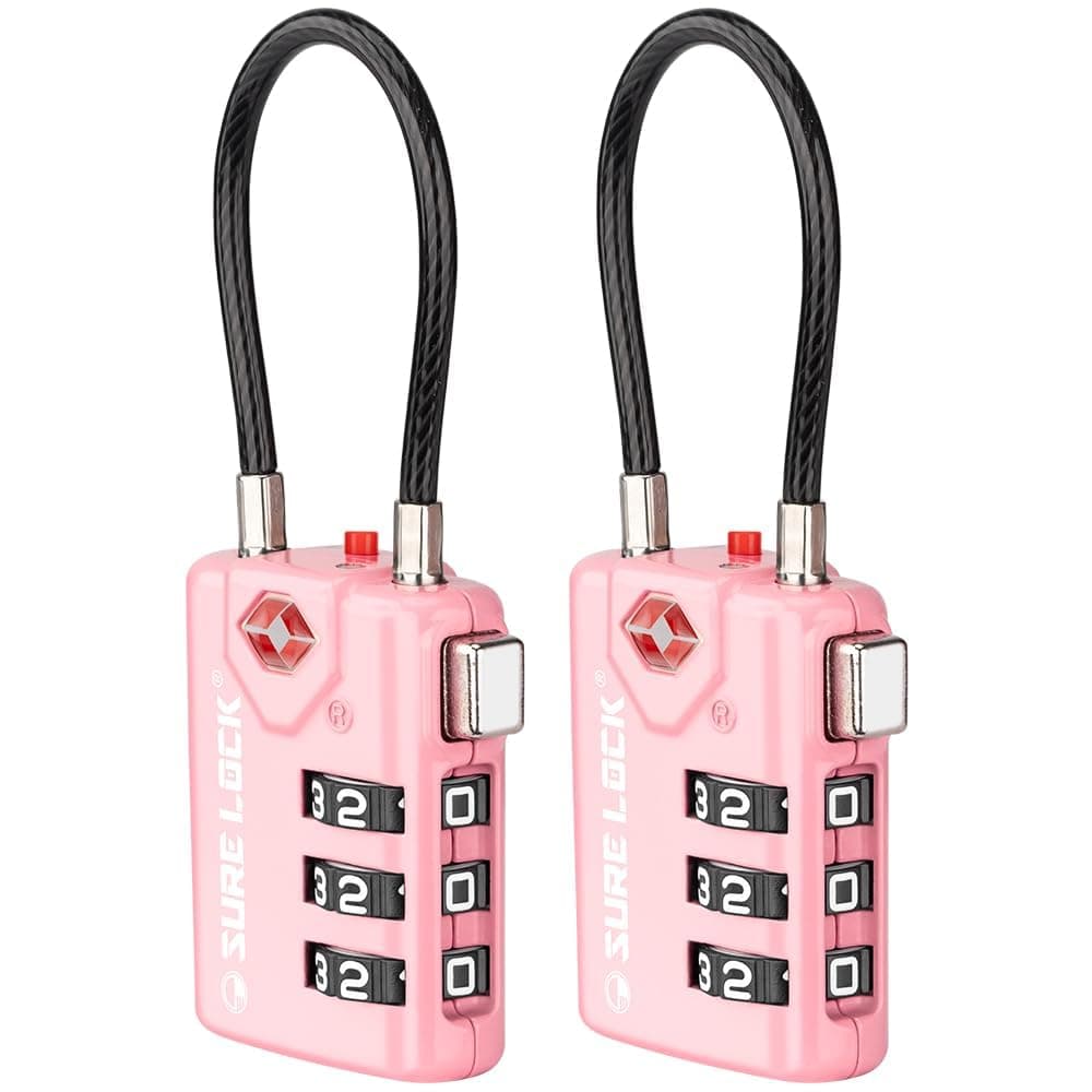 SURE LOCK TSA Compatible Travel Luggage Locks, Inspection Indicator, Easy Read Dials TSA Approved with Zinc Alloy (2, Pink 2 Pack)