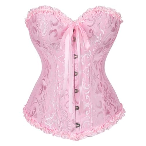 Moonight Corset Top Floral Renaissance Womens Lace Up Boned Overbust Corset Bustier Pink M