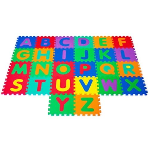 Interlocking Foam Tile Play Mat with Letters NonToxic Childrens Multicolor 26Piece Puzzle Tiles for Playrooms Classrooms and More by Hey Play