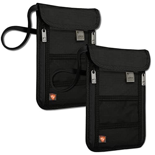 Lewis N. Clark RFID Blocking Stash Neck Wallet, Travel Pouch + Passport Holder for Women & Men, Black/Black, 2 Pack