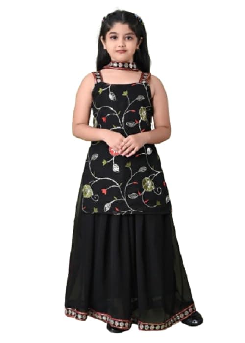SPAMitude - Georgette Embroidery Sequin Kurta, Skirt and Dupatta Set for Girls – Ethnic Party Dress I Birthday Trendy Classic Outfit I Square Neck Sleeveless (BLACK, 8-9 YEARS)
