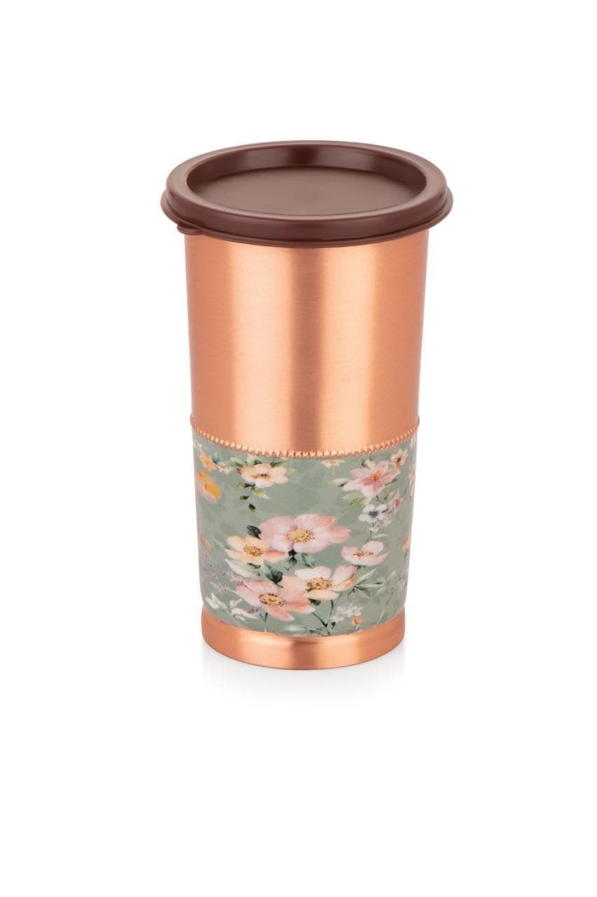 ATTRO Swara Copper Tumbler Glass with Lid, Pure Copper, Durable & Stylish, Ideal for Ayurvedic Use, Water Drinking, Travel, Home & Office – 450ml, Alice-Floral