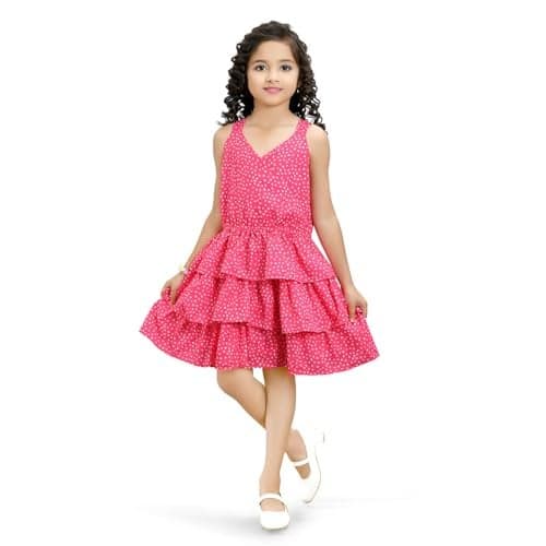 Doodle Floral Dress for Girls | Breathable Kids Frock & Dresses | Western Frocks with Elastic Waist & Sleeveless | Knee Length | Skin Friendly - Pink | Age 4 to 5 Years