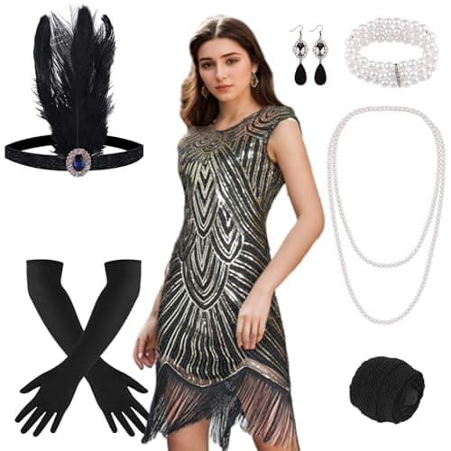 PLULON 1920s Flapper Dresses for Women Great Gatsby Dresses for Women 20s Costumes Sequin Beaded Fringed Flapper Dress with Roaring 20s Accessories Set