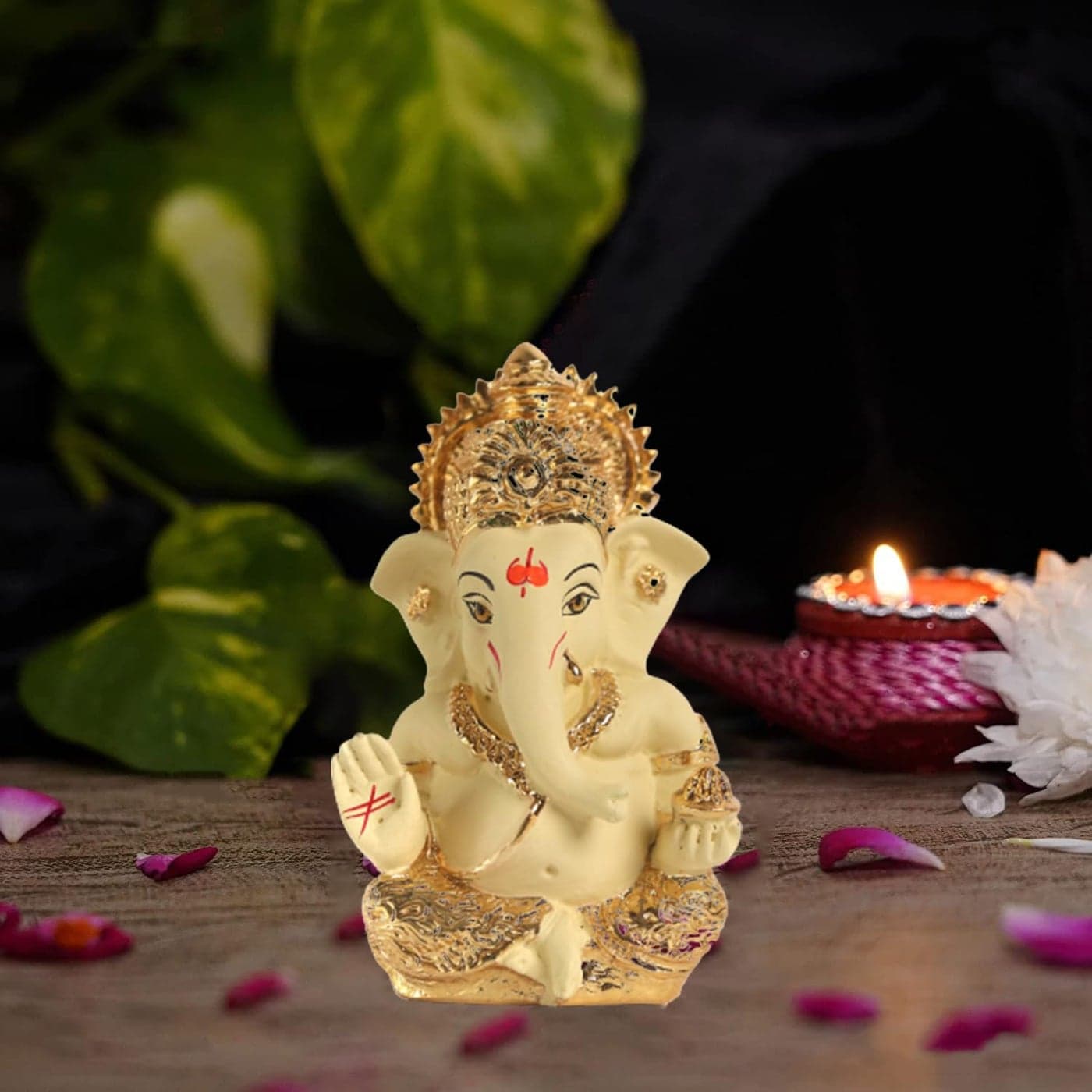 The Spiritual Living Gold Plated Lord Ganpati Ganesha Ganesh Ji Ganesh Idol for Car Dashboard 35 X 2 Inch II Luck Success II Diwali Home Decor Figurine Showpiece Statue Ivory