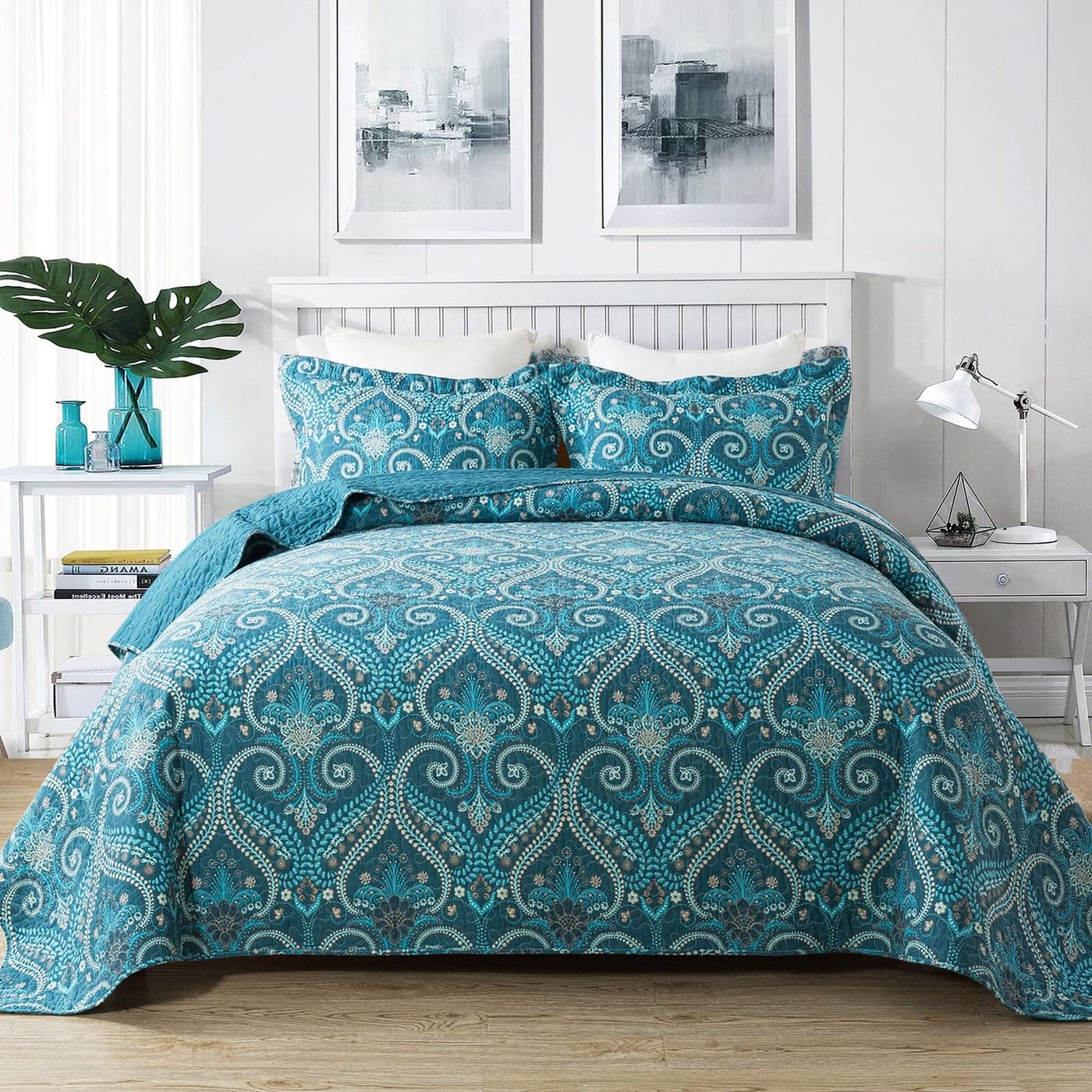 NEWLAKE Cotton Bedspread Quilt SetsReversible Patchwork Coverlet Set Turquoise Classic Royal Pattern King Size