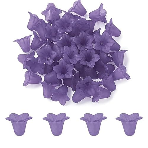 Crafans 50Pcs Frosted Acrylic Flower Beads Purple Flower Bead Caps Bell Floral Pendants Clear Loose End Spacer Beads for Mardi Gras Angel Keychain Earring Charms Jewelry Making Supplies 175x12x15mm
