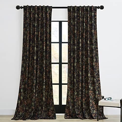 StangH Black Velvet Curtains 96 inches Long, Luxury Back Tab Print Vintage Blooming Floral Pattern Drapes for Living Room Privacy Thick Panels for Patio Sliding Door, 52 x 96-inch, 2 Panels