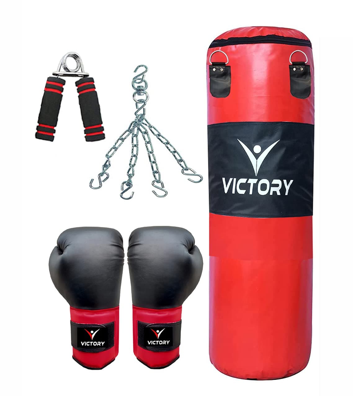 VICTORY Unfilled Synthetic Leather Punching Bag with Boxing Glove | Hand Grip | Solid Hanging Chain | MMA | Kickboxing | Muay Thai | Karate | Judo | Taekwondo | (3 Feet) Punch Boxing Kit Red