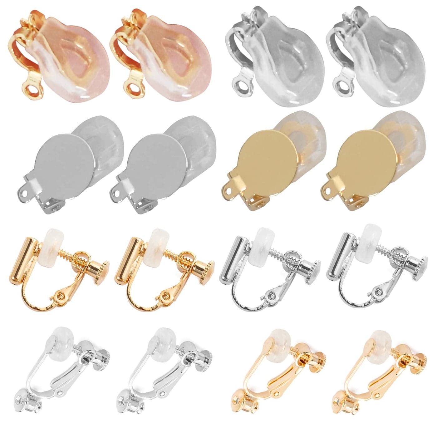 Golden Clip on Earring converters with Silicon Earring Pads 16pcs Hypoallergenic Round Flat Back Tray Earring Clips Easy Open Loop DIY Earring Making for Women Men Girls NonPierced Ears