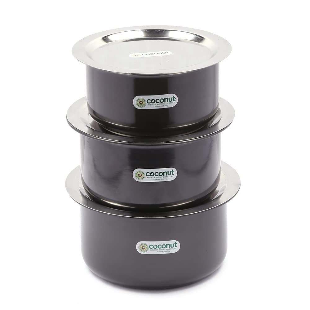 Coconut Hard Anodised TopePatila for Cook and Serve with SS Lid and Gas Stove Induction Base Top Compatible 3 Unit Capacity 2 Litre 25 Litre 3 Litre Dimension 20Cm 21cm 23cm