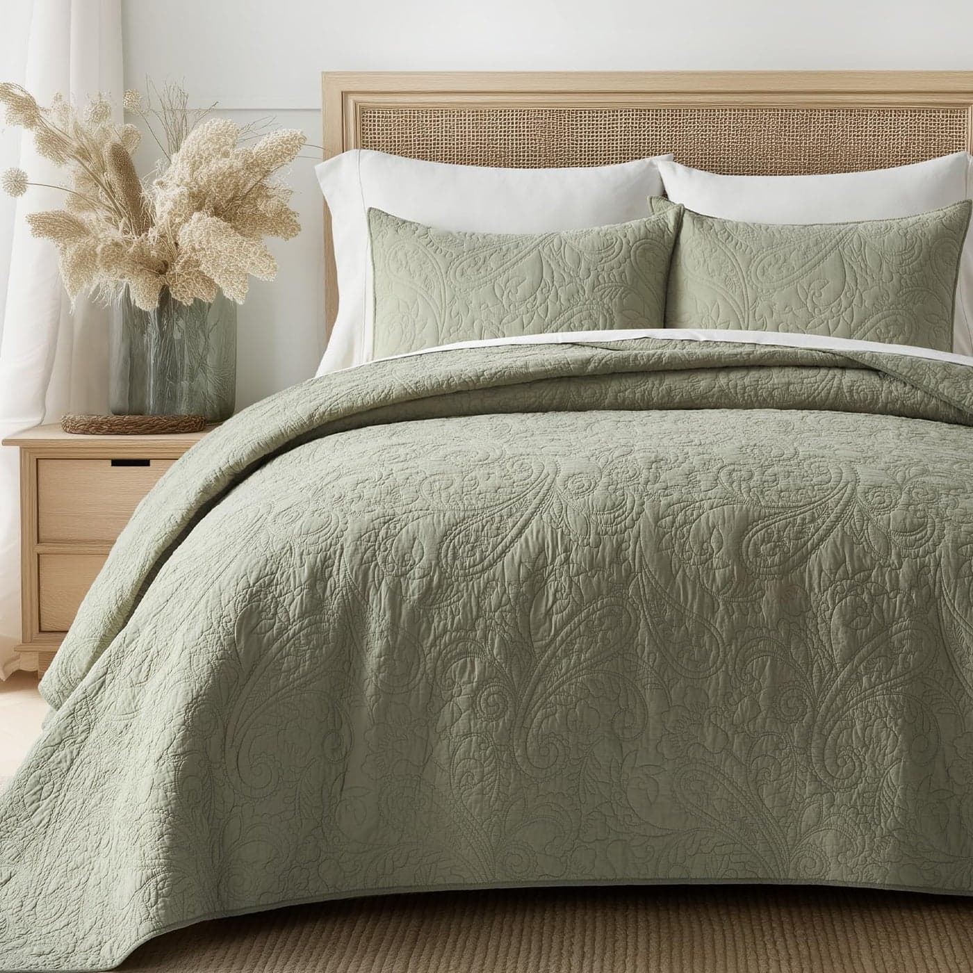 EVERGRACE 100 Cotton Paisley Quilt Set King Size 3 Piece Set Prewashed Lightweight Bedspread with 2 Shams Soft Breathable Matelasse Coverlet for AllSeason Comfort Light Sage Green