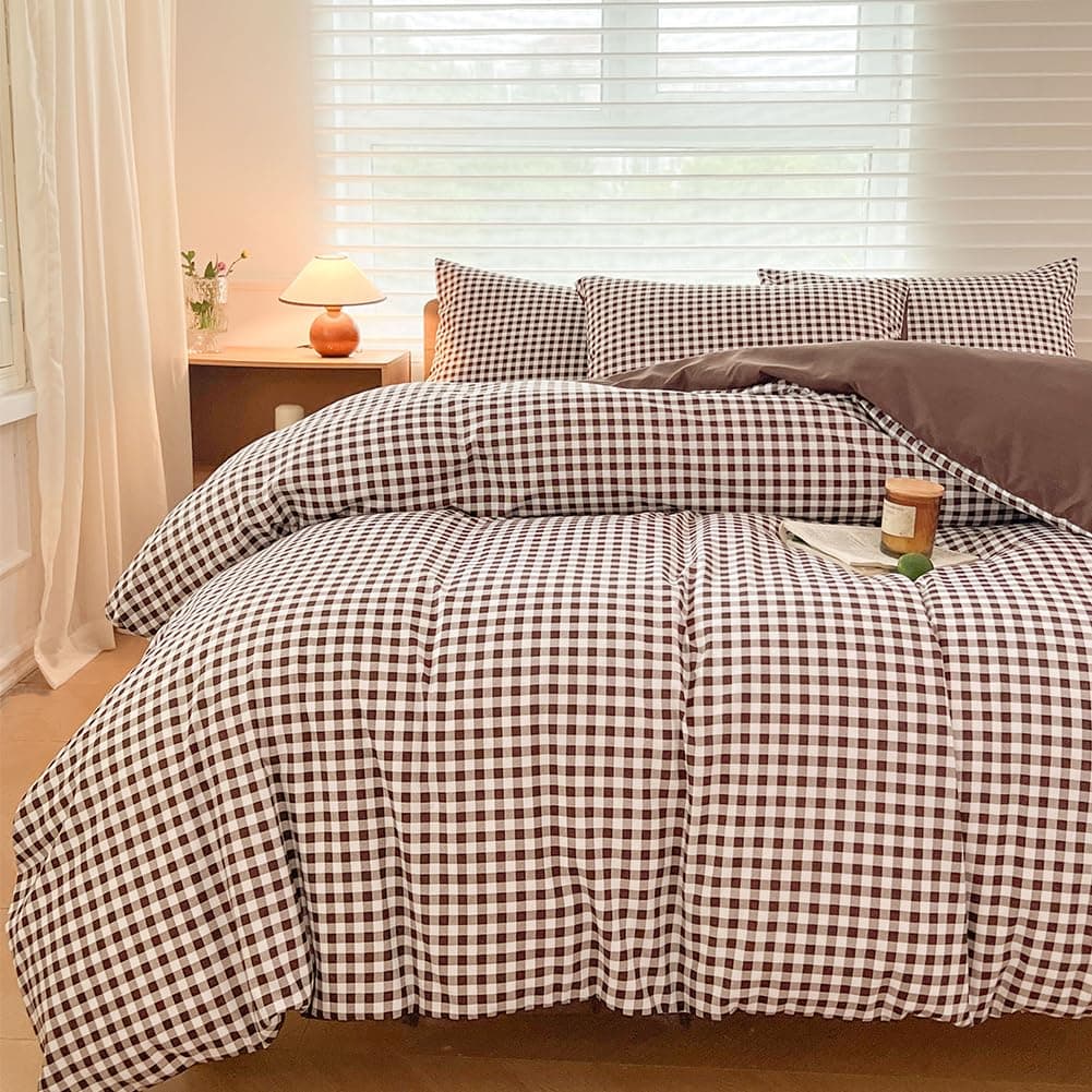 NSNLGSGC Mocha Gingham Duvet Cover Set Twin Dark Tan Grid Simple Geometric Square Pattern Comforter CoverSoft Plaid Washed Microfiber Bedding Cover2PCSTwin