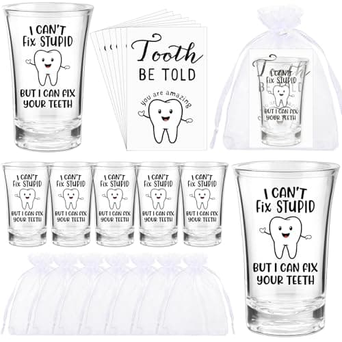 Pickmesh 12 Sets Dental Graduation Gifts Dentist Gard Appreciation Gifts with 1.2oz Rooting for You Shot Glasses Tooth Be Told You Are Amazing Fun Cards Gift Bag for Assistant Hygienist(Dental,Fix)