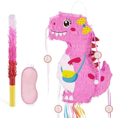 WERNNSAI Foldable Dinosaur Piata Pull String Dinosaur Birthday Party Supplies Extendable Piata with Blindfold Bat and Tassels Dinosaur Birthday Decoration Pink Dinosaur Piatas for Classroom Game