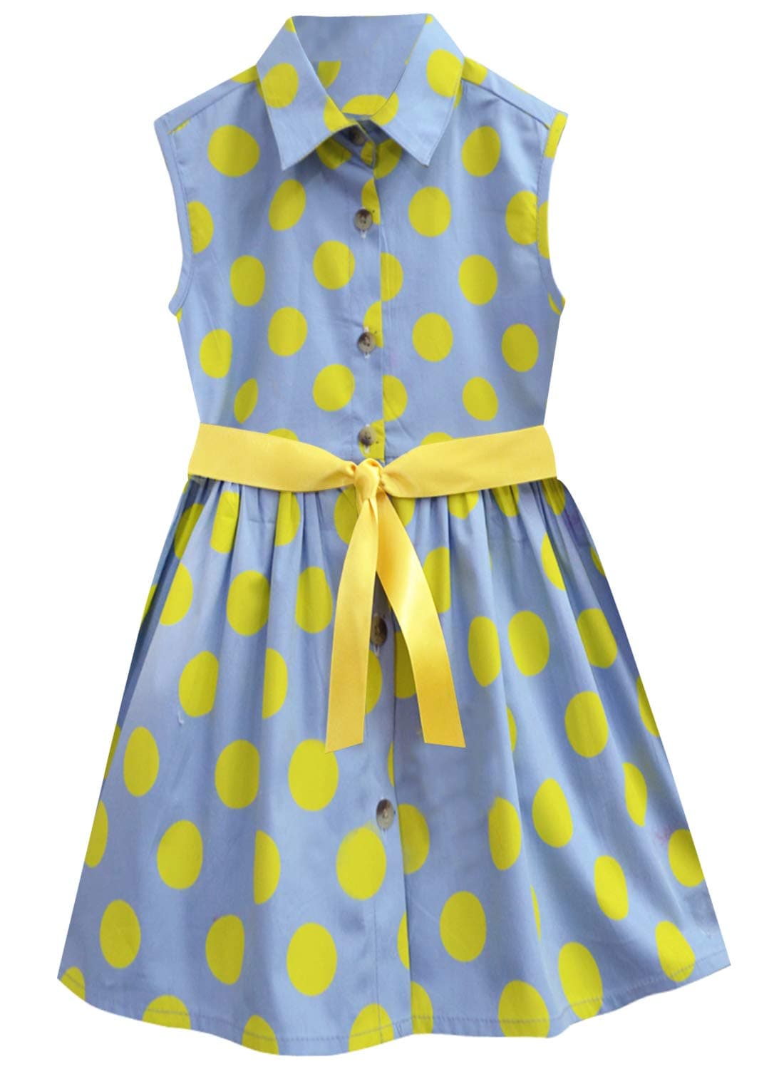 A.T.U.N. (ALL THINGS UBER NICE) Girl's Cotton Shirt Knee-Length Casual Dress (GDRS SST_Blue-Yellow_7-8 Years)
