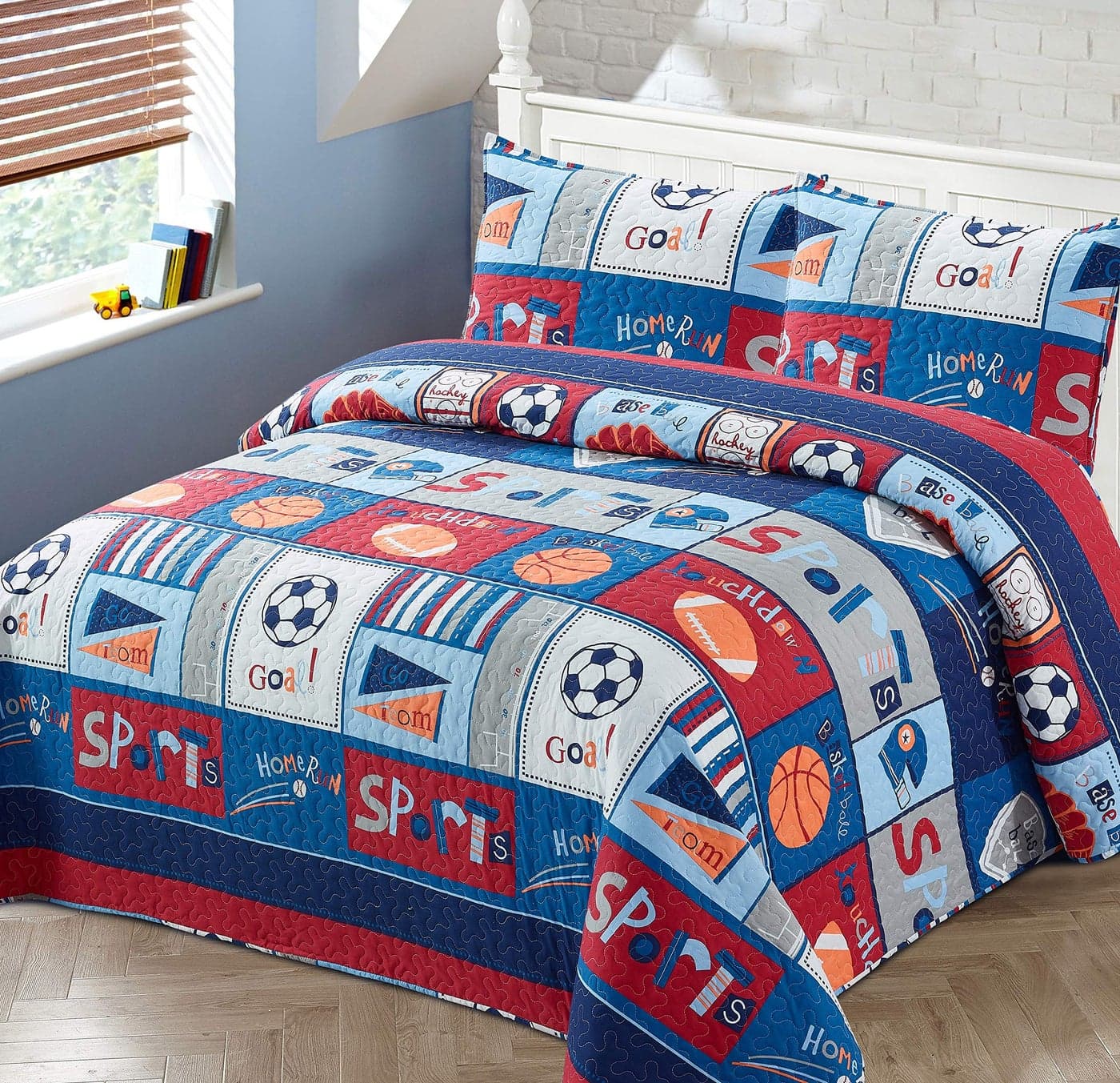 Bedspread Set Sports for BoysKids Baseball Basketball Soccer Ball Football Hockey HomeRun Touchdown Red Blue Coverlet Quilt New FullQueen