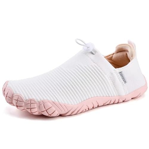 WateLves Water Shoes Womens Mens - Comfortable Lightweight Striped Pattern Barefoot Shoes for Beach Swim Pool Yoga Boating Water Aerobics(White Pink,38)