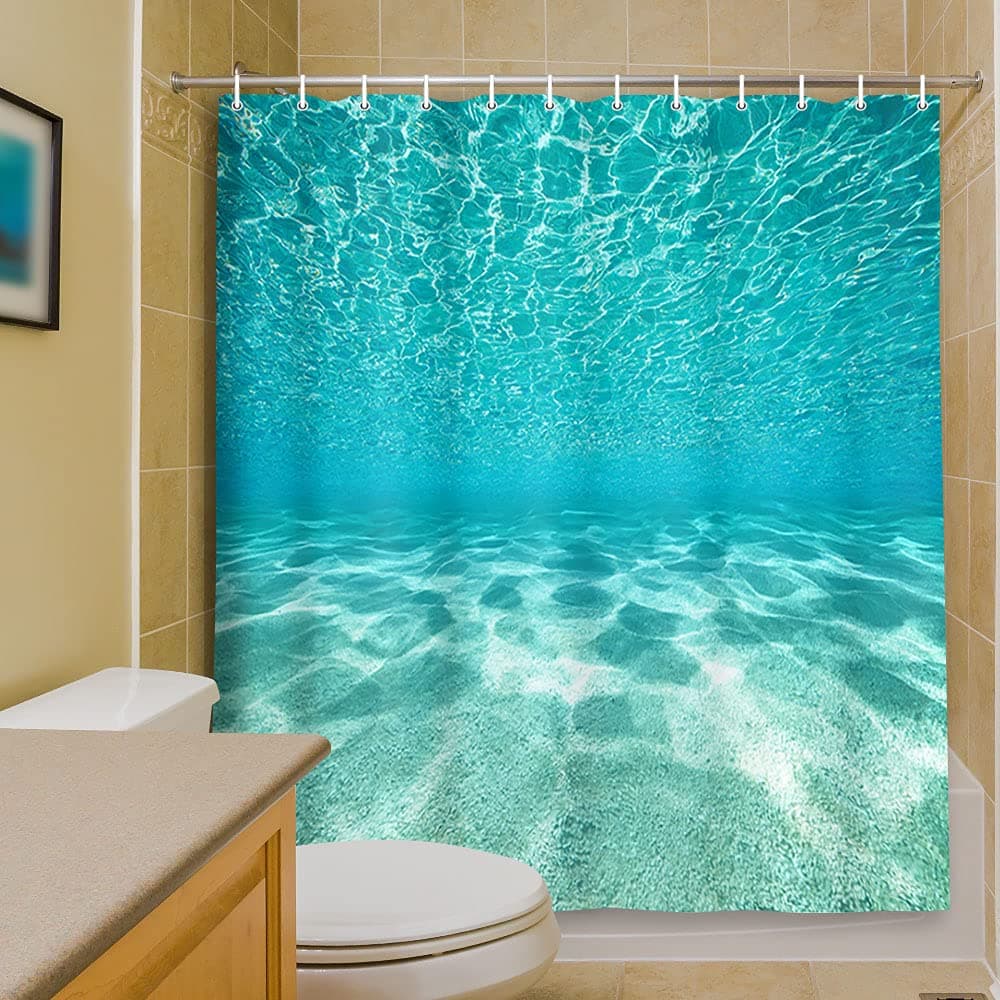 MERCHR Cute Teal Blue Ocean Shower Curtain Nature Underwater Sea World Sand Beach Bathroom Curtains Waterproof Fabric 71 x 71 Inches