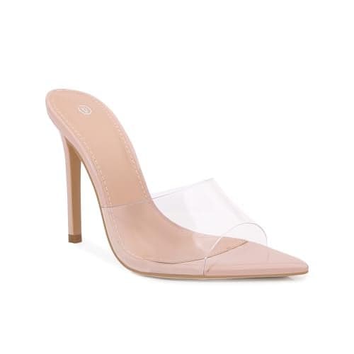 Shion ShaaYii Women Clear Pointed Toe Sandals Stiletto Heels Transparent Strap High Heels Slip on Mules for Women (Nude, Adult, Women, 7, Numeric, US Footwear Size System, Medium)