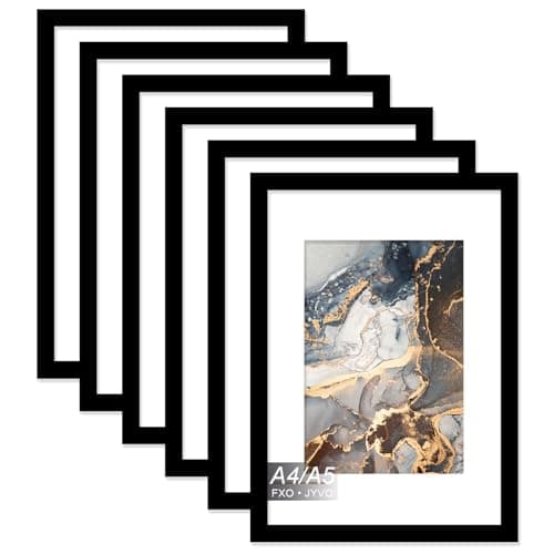 Fxojyvo A4 Frame Set of 6, Display Picture A5 with Mat or A4 Without Mat, Light Weight and High Transparent Photo 8.3 x 11.7 Frame for Wall - 6 Pack/Black