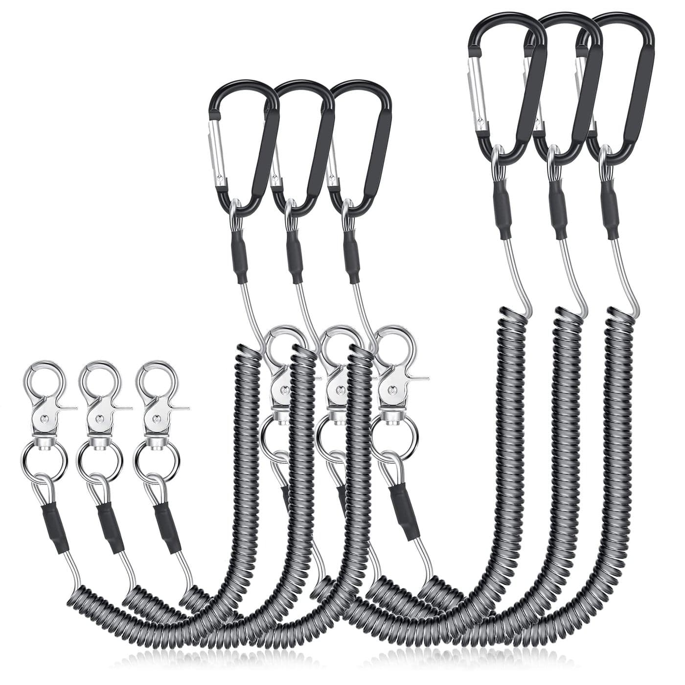 Woanger 6 Pack Heavy Duty Fishing Lanyard Steel Wire Coiled Lanyard Kayak Retractable Tool Leash Fishing Rod Safety Lanyard Gear Lanyard with Alloy Clips for Pliers Boating(Black)