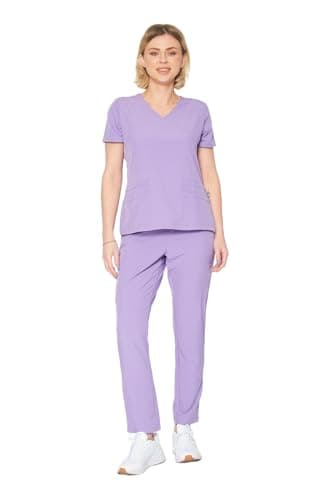 Dagacci Medical Uniform Womens Fitted 4Way Stretch Y Neck Natural Stretch Scrub Set Lavender M