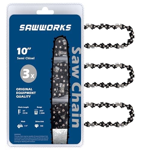 SawWorks 3-Pack 10 Inch Pole Saw Chain, 1/4" Pitch .050" Gauge 58 Drive Links Fits Greenworks PS80L210, PS80L00, PS60L210, PS60L00, PS60L01, PS60L211, Kobalt KPS 1080B-06, 2080A-06 and More