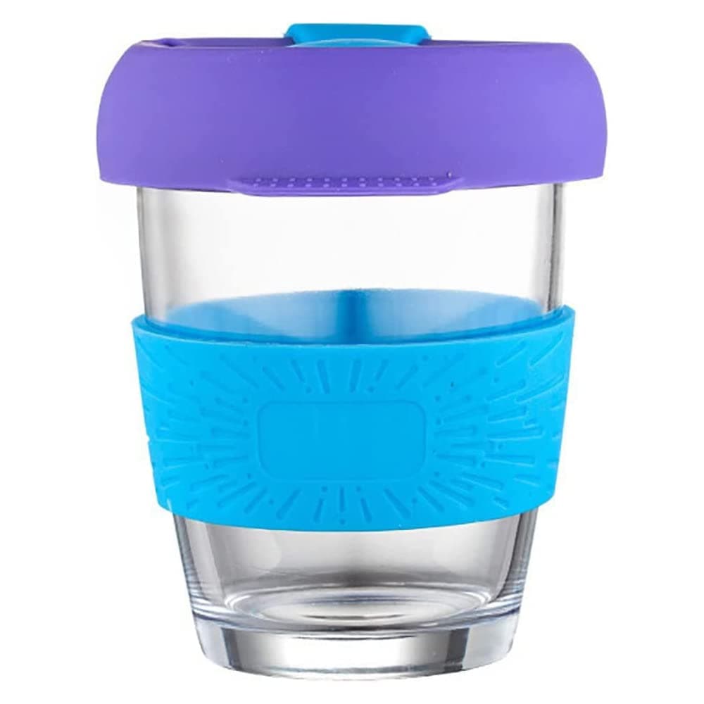 P Plus Fire 350ml Glass Cup Glass Tumbler with Silicone Lid Drinking Cup Travel Mug Set of 1 Blue