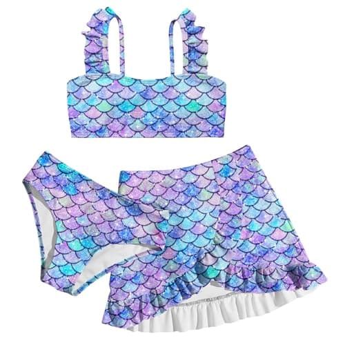 ALISISTER Girls Swimsuit Size 7-8 Mermaid Bathing Suits 3 Piece Little Fish Scales Animal Bikini Sets with Cover Up Skirt Summer Beach Swimwear 7 Year Old