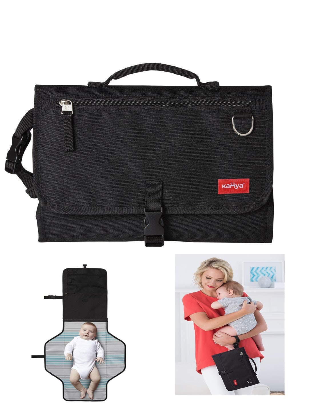 KAMYA Portable Baby Diaper Changing Station, Waterproof Padded Travel Pad with Strap and Clip, 2 Packets (Black)
