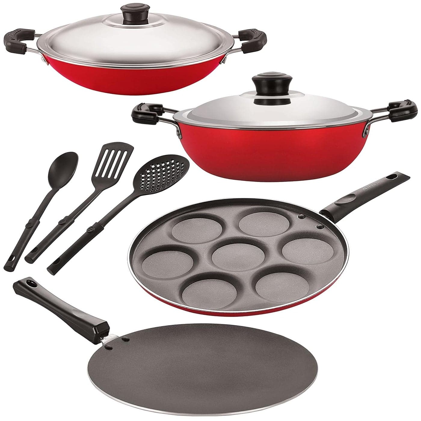 NIRLON Nonstick Coated Aluminium 7 Pcs Set of Concave Tawa-28.5cm,Deep Kadhai-24cm,AppaChatti-22.5cm,Uttapam-7 Cavity & 3 Spoon (2.6mm_CT12_DKDB_CHATTI_UP7_3SPN)