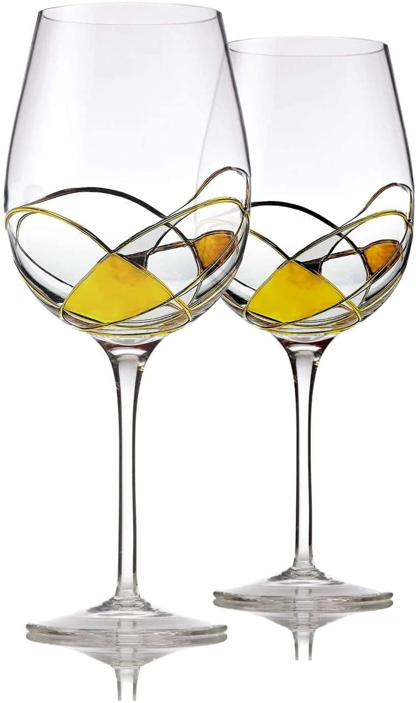 Bezrat Wine Glasses Hand Painted Set of 2 Women Wine Gift Wine Lover Glass Beautiful Glassware Gifts Ideas for Women Inspired by Duomo di Milano Mothers Day 12 oz Gold