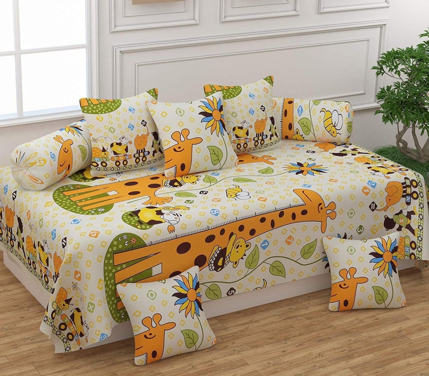 Filymore 8 Pieces Giraffe Diwan Set for Kids Room Made with Pure Microfiber Package Contains One Single Bedsheet, 5 Cushions Covers and 2 Bolster Covers (Colour -Yellow)